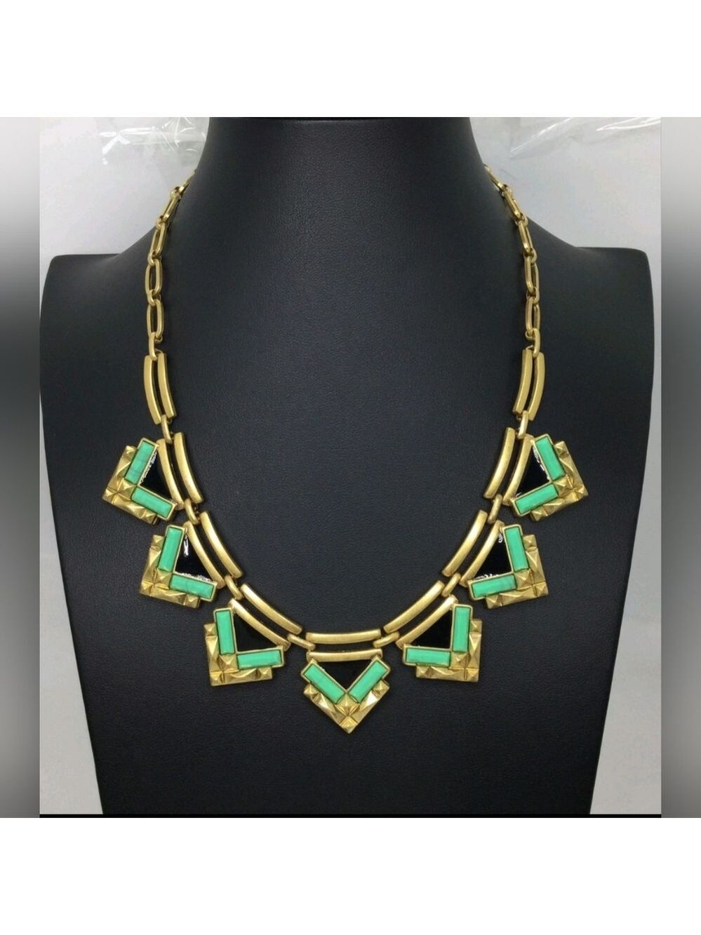 Stella & Dot Zia Black Green Turquoise Enamel Statement Necklace 18"